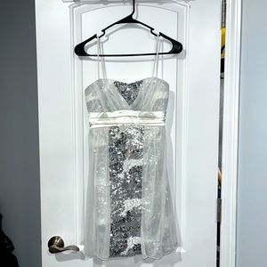 Deb, size small, silver and white dress